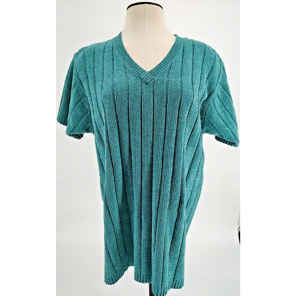 Denim & Co. NEW Woman Teal Green Pullover Sweater Size Large Short Sleeve Cable - Picture 1 of 10